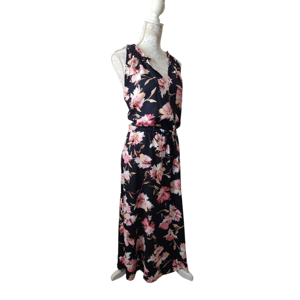 Well Worn Boho Floral V Neck Tie Waist Linen Blend Midi Dress Size XL